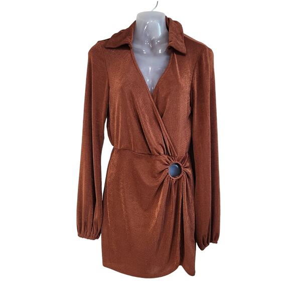 Princess Polly Long Sleeve Collared Mini Dress Side Ring Detail Brown Size US 4 - Picture 1 of 9